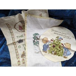 Vintage Embroidered Cross-stitch Fabric Unframed Lot Of 3